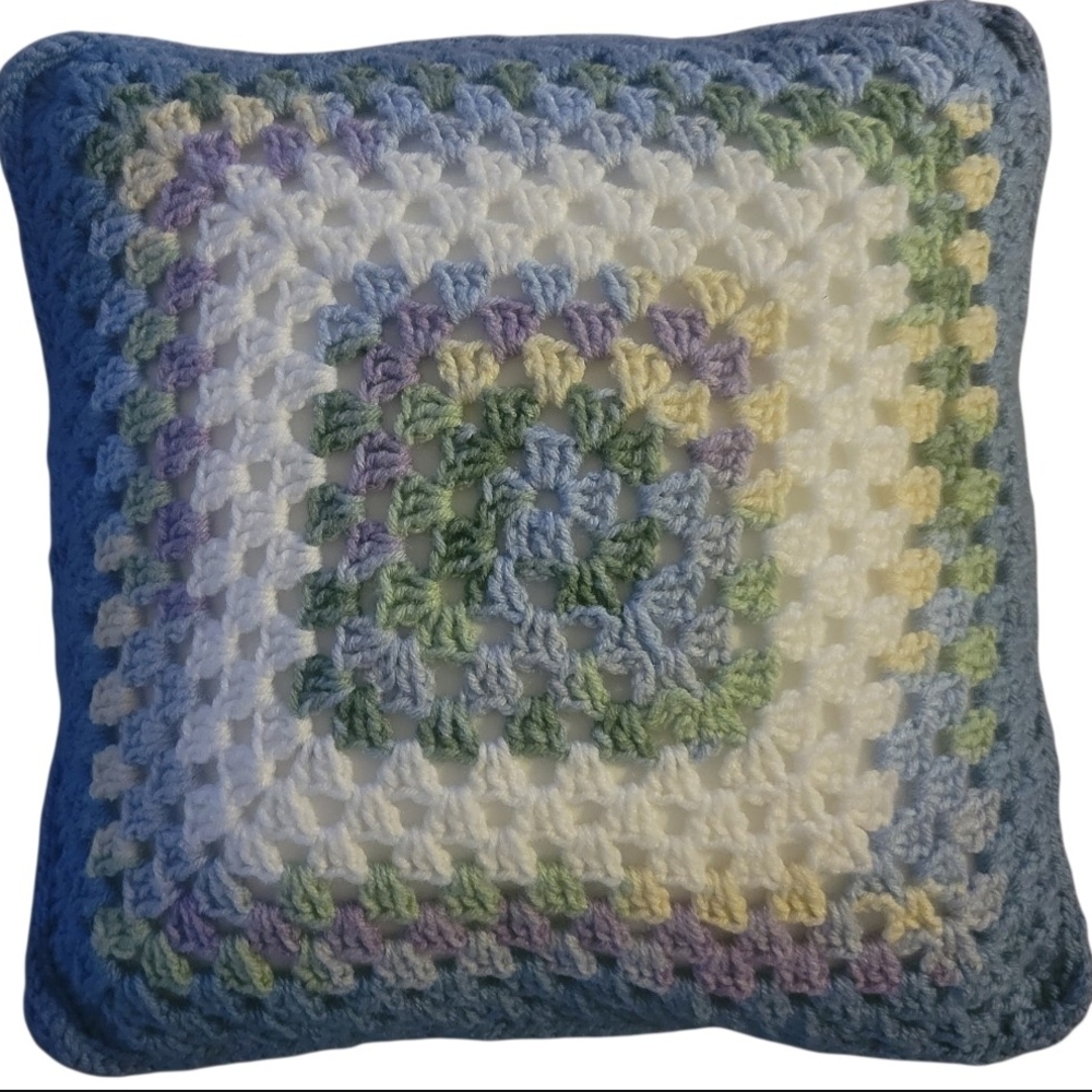 Crocheted Granny Square Pillow Vibrant Colors Decorative Cozy 13.5" Sq. - Picture 3 of 7